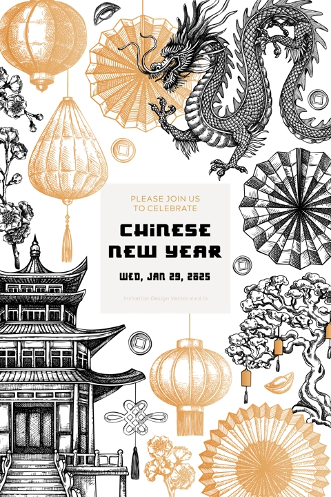 Chinese New Year invitation template. Lunar New Year greeting card design. China hand drawn vector illustrations. NOT AI generated